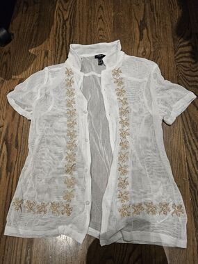 Forever 21 White Mesh Short Sleeve Button-Up with Gold Embroidery